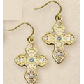 Matte Gold Byzantine Cross Earrings w/Aquamarine & Crystal Accents